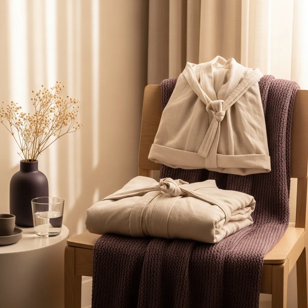 A folded cream robe and dusty-plum knit throw draped over a chair beside dried flowers, quiet comfort during recovery