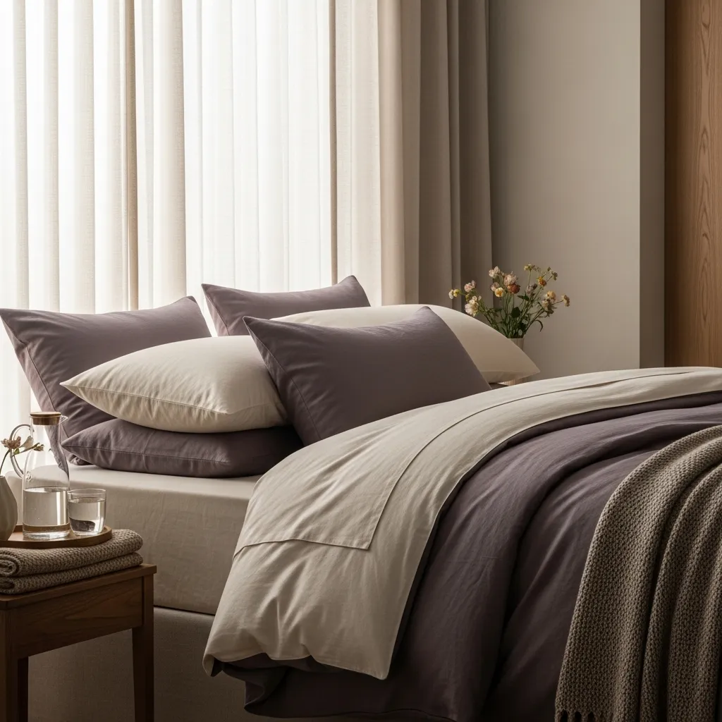 A serene bedroom prepared for recovery, with soft cream and dusty-plum bedding and morning light through sheer curtains